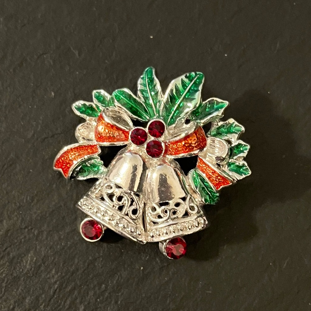 Vintage Silver Tone Rhinestones Enamel Christmas Bell Brooch Marked AVON S H